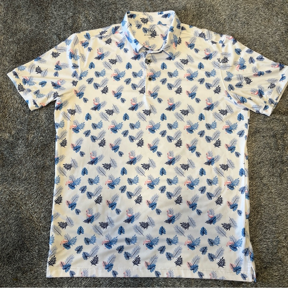 Mizzen + Main Mens Large Trim Fit Flamingo Palm Leaf Performance Golf Polo Shirt
